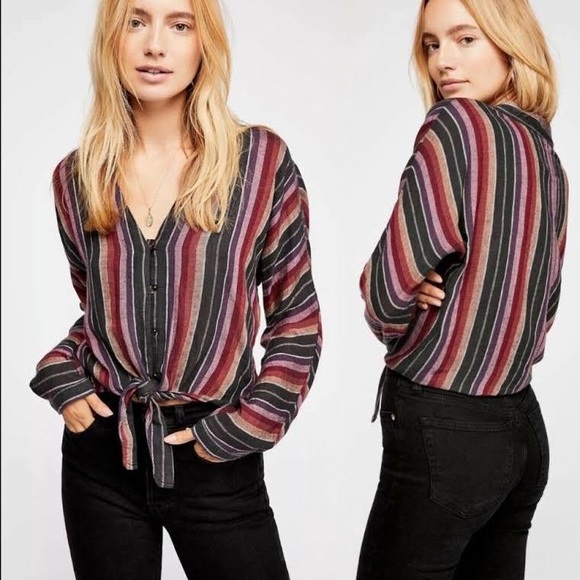 RAILS Striped Linen Blend Tie Front Blouse Top - Picture 2 of 9